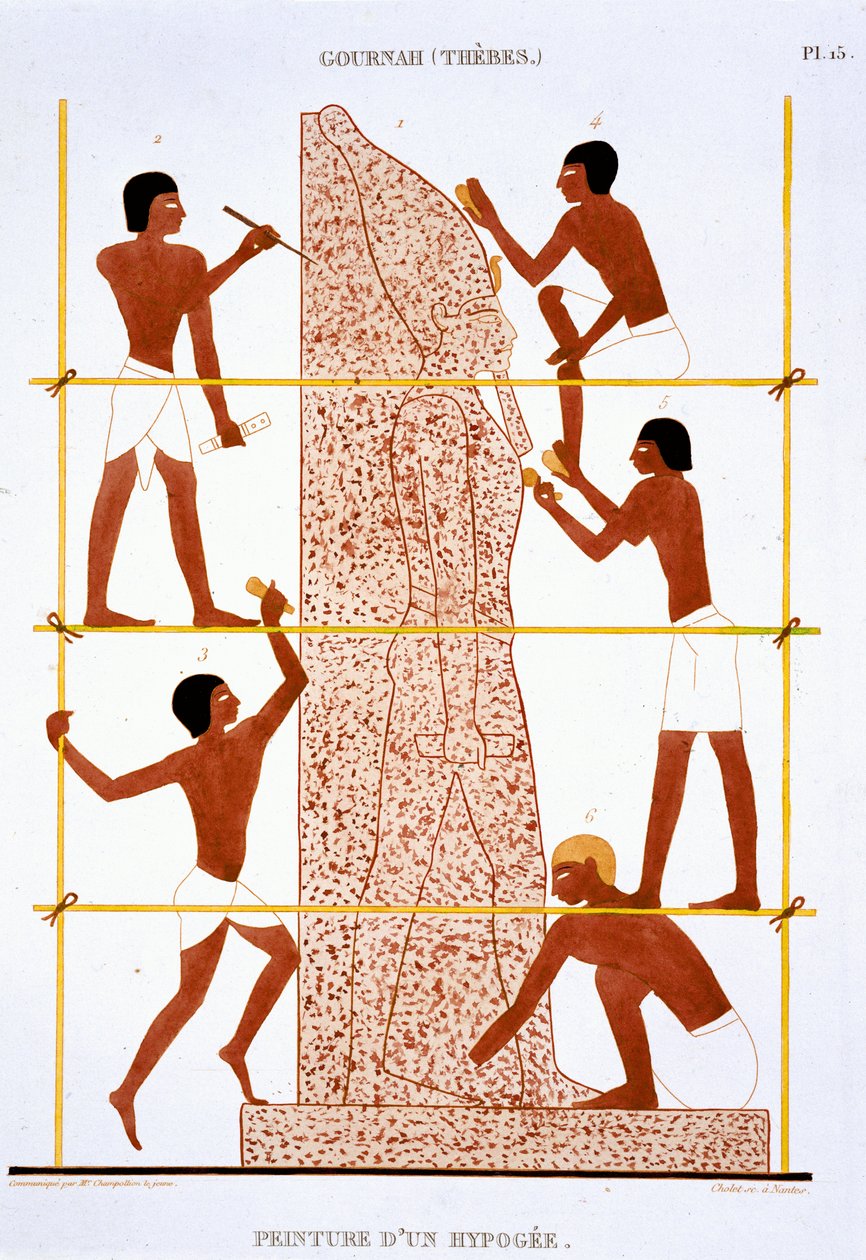 Stenhuggare gör kolossala staty av farao, från en sällsynt uppteckning av fresker från Thebe, inspelad 1819-1822 vid sitt andra besök i Egypten av Frederic (after) Cailliaud