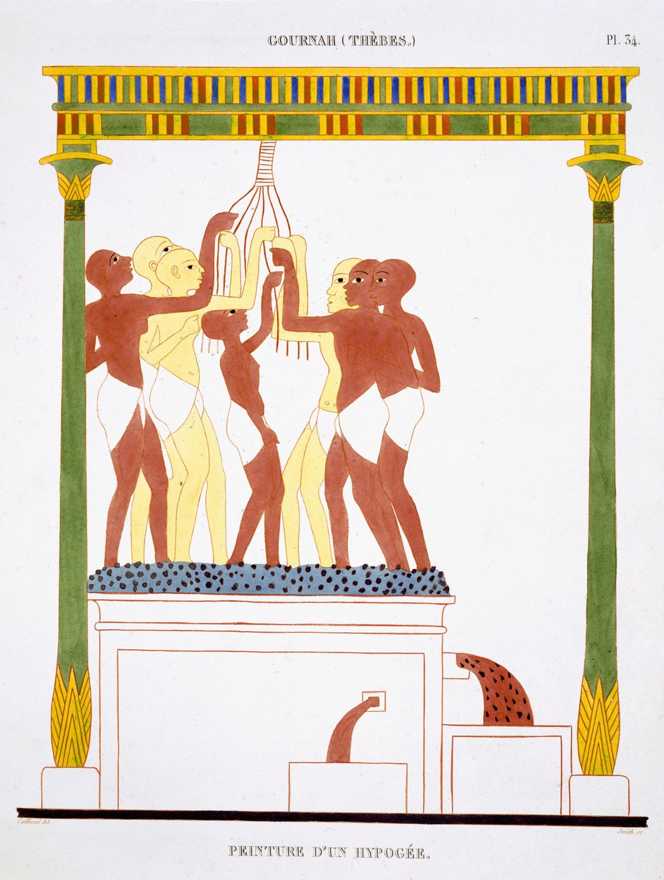 Treading Grapes, från en sällsynt uppteckning av fresker från Thebe, inspelad 1819-1822 vid sitt andra besök i Egypten av Frederic Cailliaud (1787-1869), färg litho av Frederic (after) Cailliaud