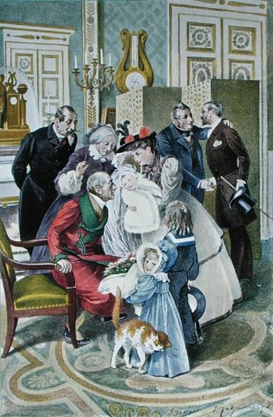 Besöket hos morföräldrarna, efter en original akvarell, sent 1800-tal (färg litho) av Frederic (after) Regamey