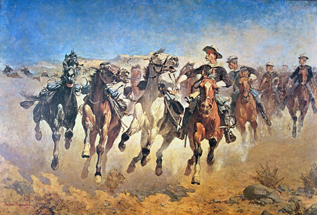 Nedmonterad: 4th Troopers Moving, ursprungligen målad 1890 (lito i färg) av Frederic (after) Remington