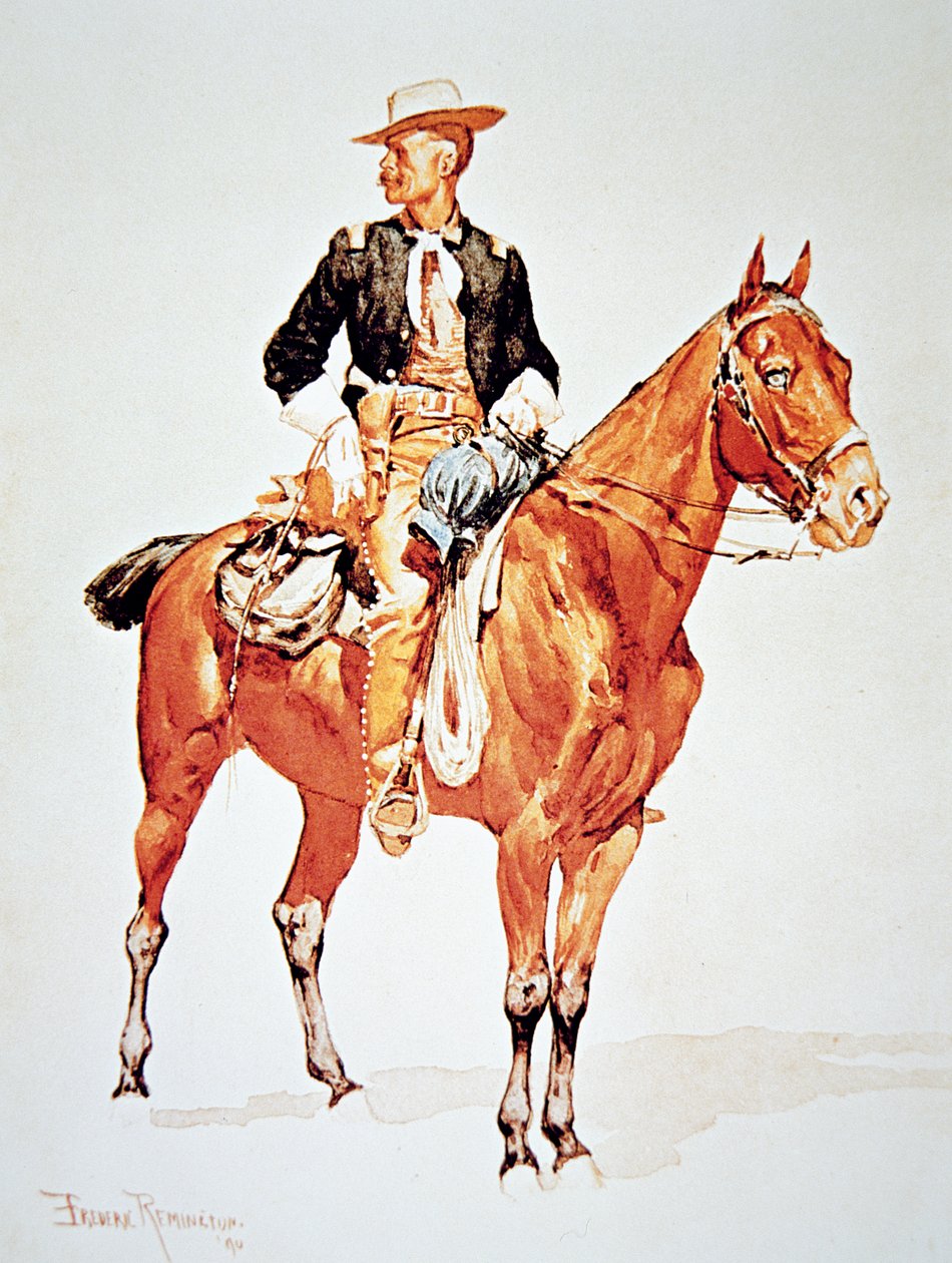 Löjtnant S.C. Robertson, chef för Crow Scouts, från en akvarell från 1890 (färg litho) av Frederic (after) Remington