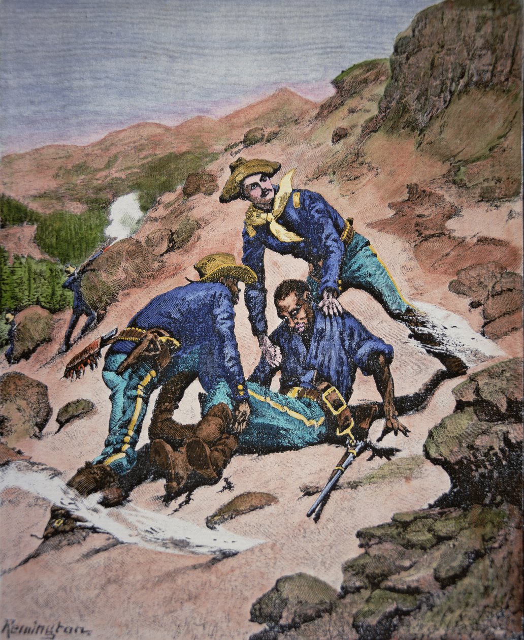 Räddningen av korpral Scott under Geronimo-kampanjen 1886 (färgad gravyr) av Frederic (after) Remington