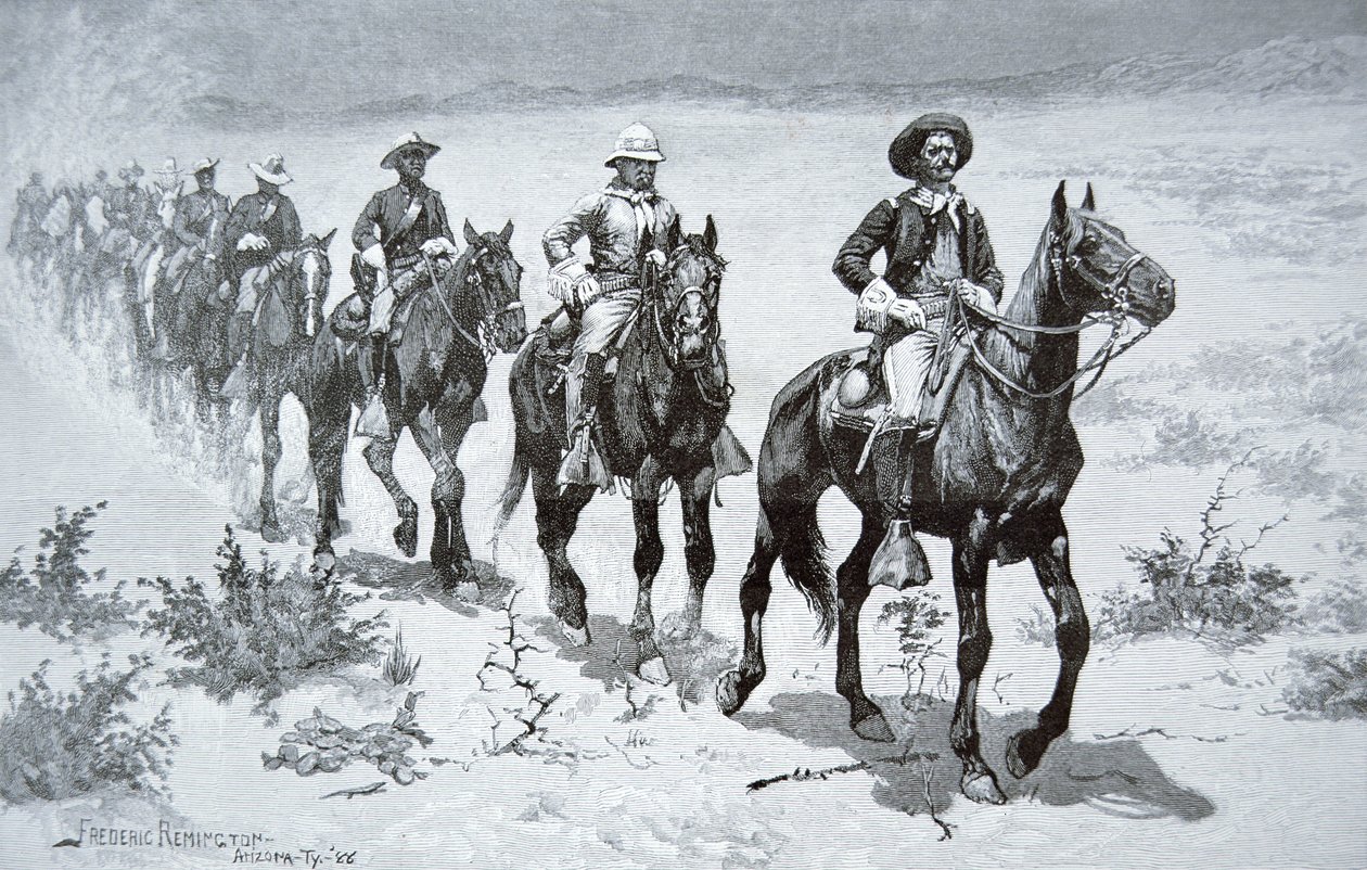 Amerikanska "buffalosoldater" som marscherar i öknen, från en teckning från 1888 (gravyr) av Frederic (after) Remington
