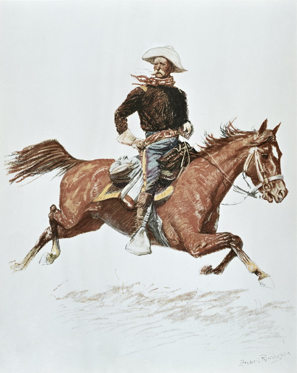Amerikansk kavalleriofficer i kampanjklänning från 1870-talet (litho i färg) av Frederic (after) Remington