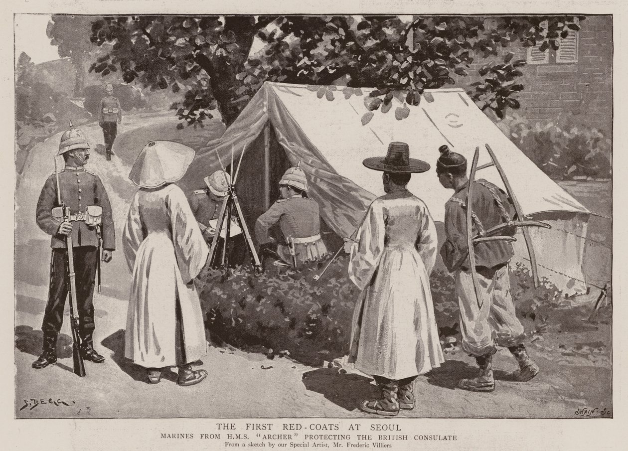 De första rödrockarna i Seoul (litografi) av Frederic (after) Villiers
