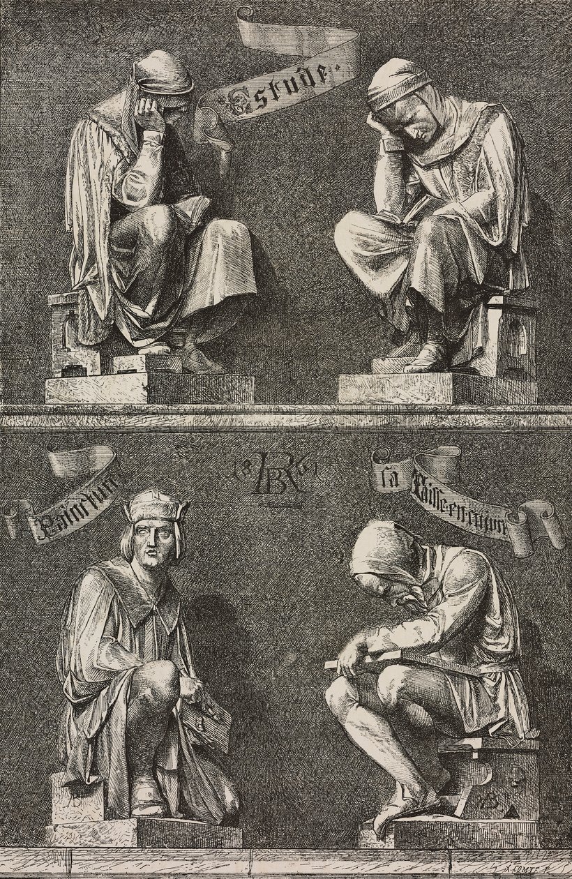 Allegory of Study, dekorativa figurer vid basen av statyn av Martin Schongauer skapad av Auguste Bartholdi (1834-1904) för klostret Unterlinden, Colmar, Frankrike av Frederic Auguste Bartholdi