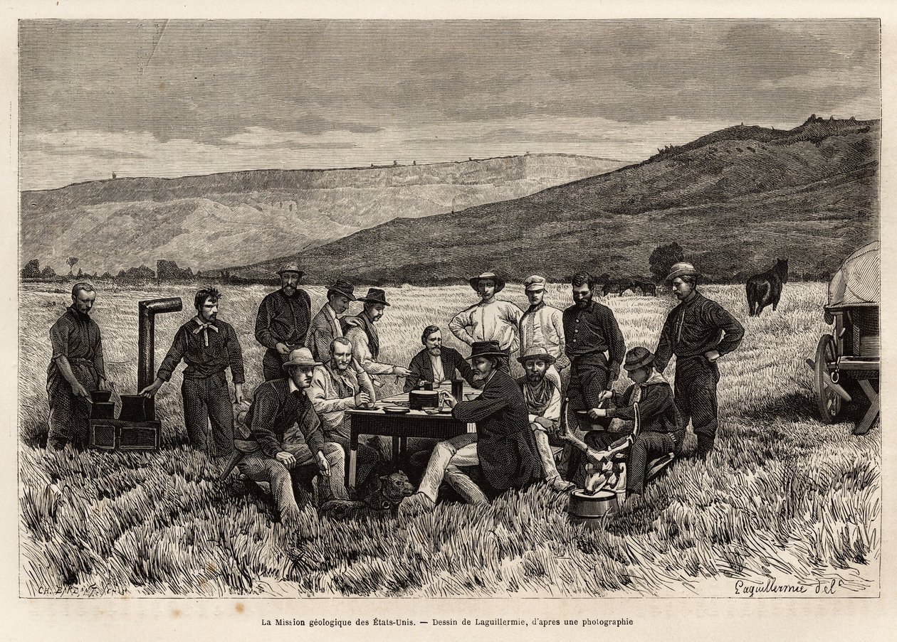 USA:s geologiska uppdrag är ungt på slätten, etsat efter teckningen av Laguillermie, som illustrerar en uppsättning geografiska uppdrag genom United States National Park, från 1870 till 1872, av herrarna Hayden, Doane och Langford, publ. av Frederic Auguste Laguillermie