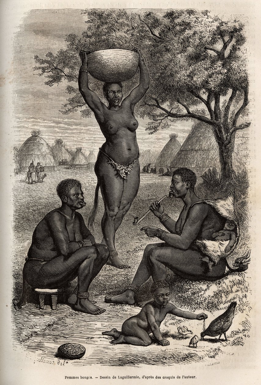 Typer och aktiviteter av kvinnliga Bongos (Centralsudan), med sin metallprydnad, klockor och häftklamrar som de sätter på sina öron och läppar, graverade efter teckningen av Laguillermie, som illustrerar resan till Afrikas hjärta 1868-1871, av Dr. Geor av Frederic Auguste Laguillermie