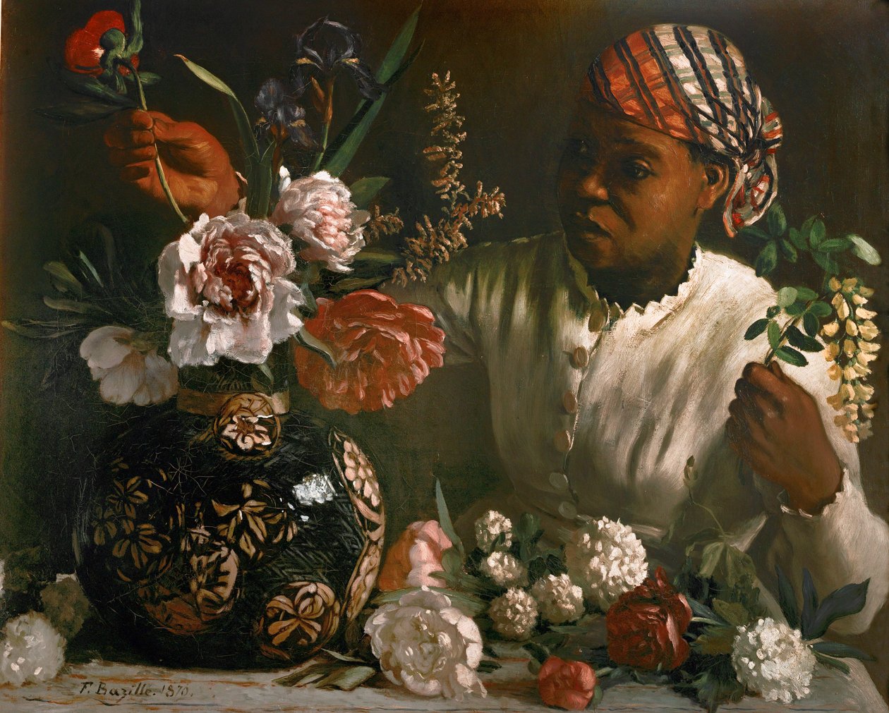 Svart kvinna med pioner ... (olja på duk) av Frédéric Bazille