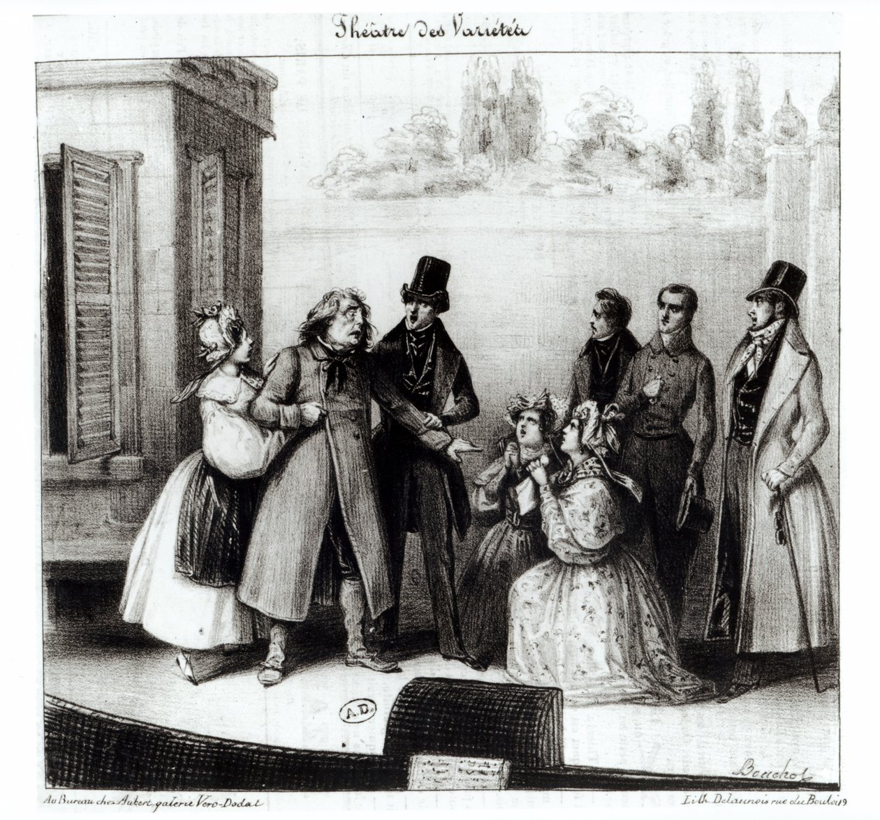Föreställning av "Le Pere Goriot" av Honore Balzac (1799-1850) på Theatre des Varietes, ca 1840 av Frederic Bouchot