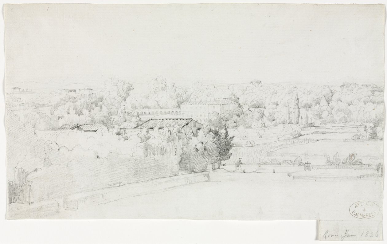 Utsikt över Villa Borghese och dess orangeri från Villa Medici, 1826. av Frederic Bourgeois de Mercey