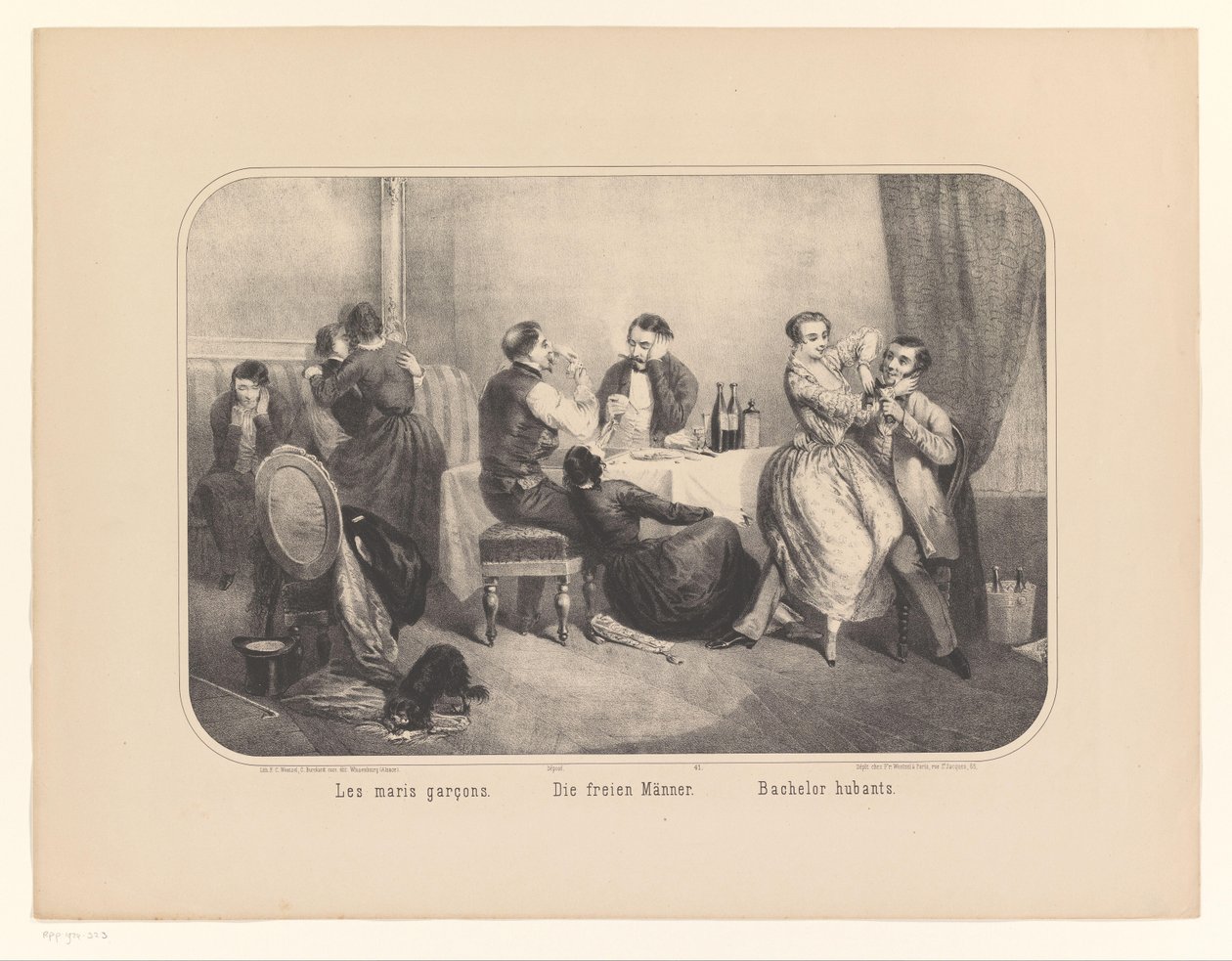 Grupp av män och kvinnor i en interiör Les maris garçons / Die freien Männer / Bachelor hubants (titel på objekt) av Frederic Charles Wentzel (possibly)