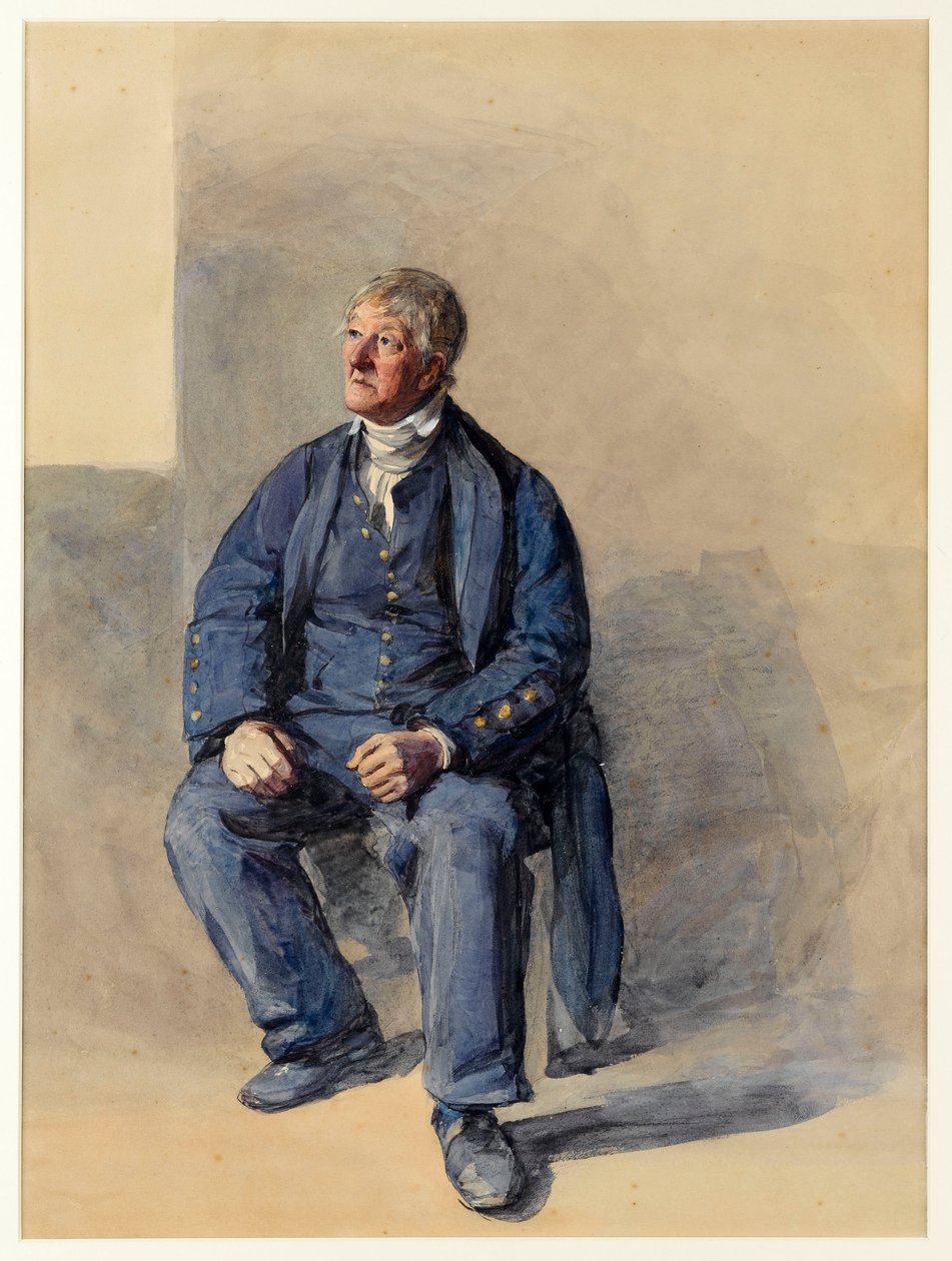 Porträtt av John Lovell, 70 år gammal. Bargee på Themsen som Greenwich-pensionär (akvarell, förstärkt med vitt) av Frederic Cruikshank