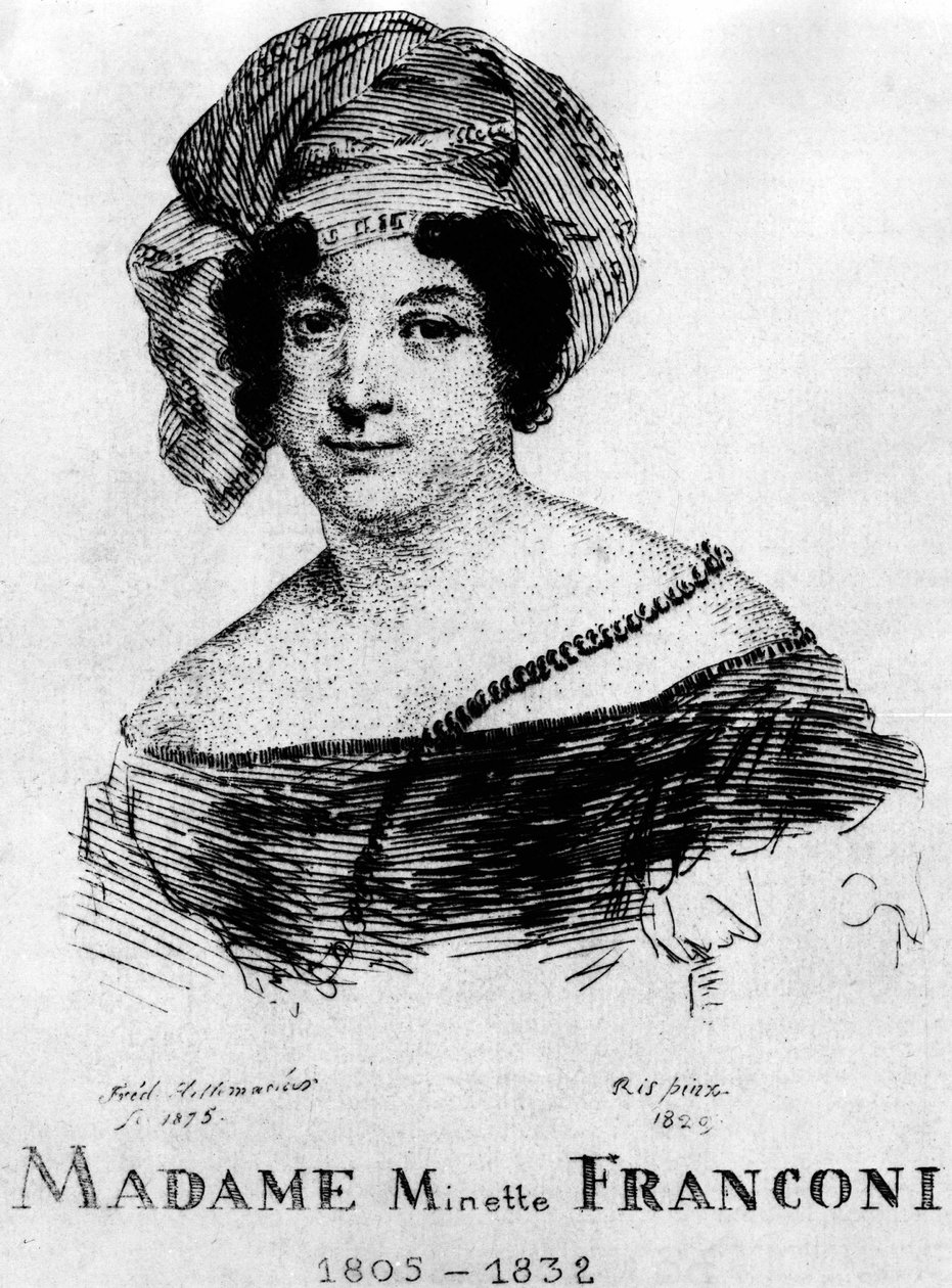 Cirkus: Eau forte av Frédéric Hillemacher, porträtt av Mrs. Minette Franconi (1805-1832) - i "The Franconi Circus". av Frederic Desire Hillemacher
