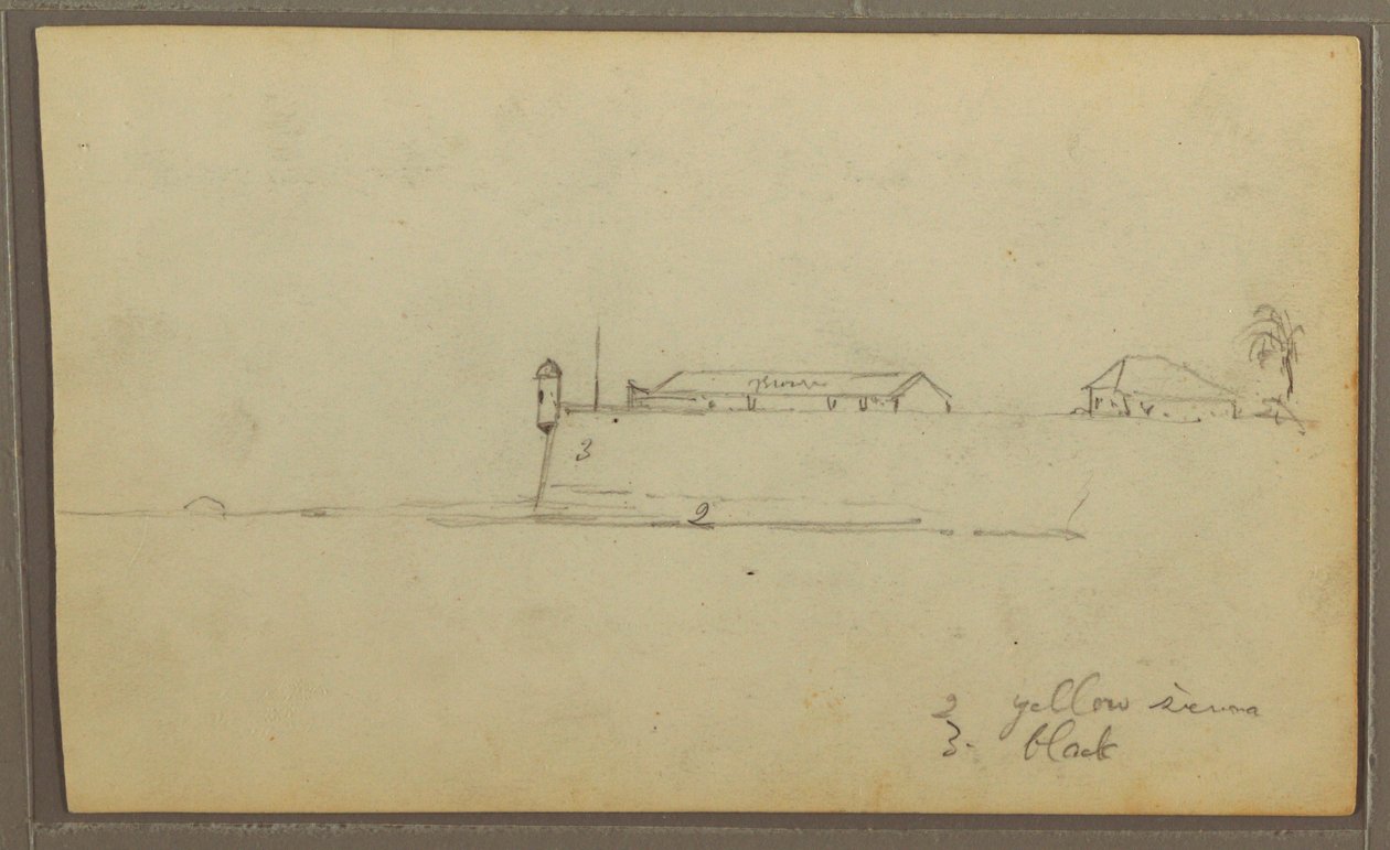 Teckning, Ett fort; Verso: Botaniska skisser, Hus, 1857 av Frederic Edwin Church
