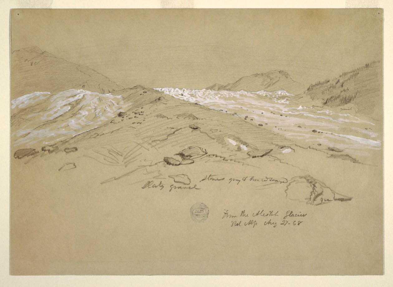 Teckning, Aletschglaciären, Berner Alperna, Schweiz, 28 augusti 1868 av Frederic Edwin Church
