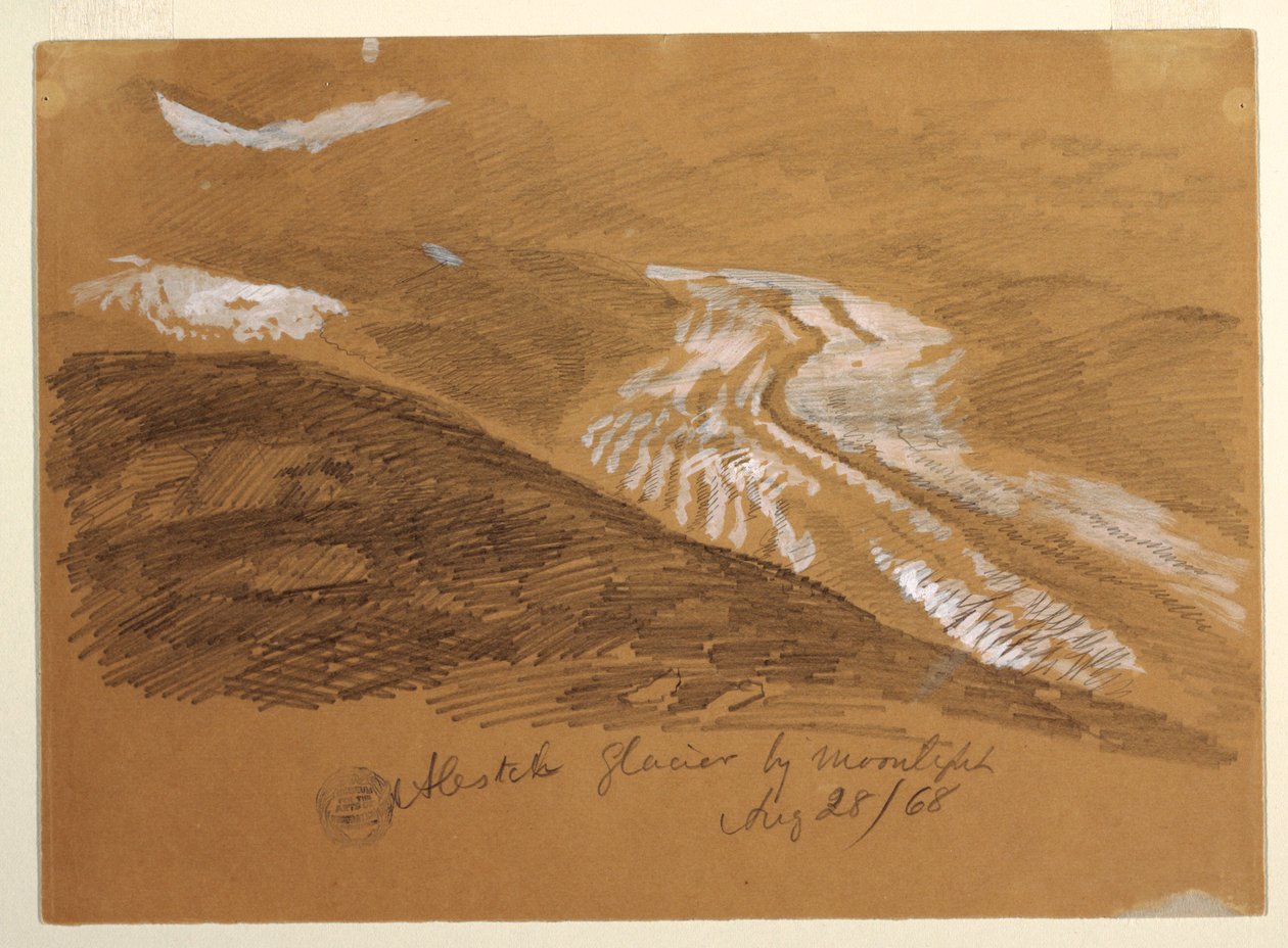 Teckning, Aletschglaciären i månsken, Berner Alperna, Schweiz, 28 augusti 1868 av Frederic Edwin Church