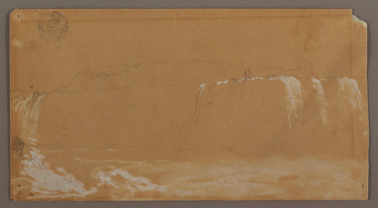 Teckning, American Falls, Goat Island och en del av Horseshoe Falls, sett från den kanadensiska stranden av Niagarafloden, möjligen 1858 av Frederic Edwin Church