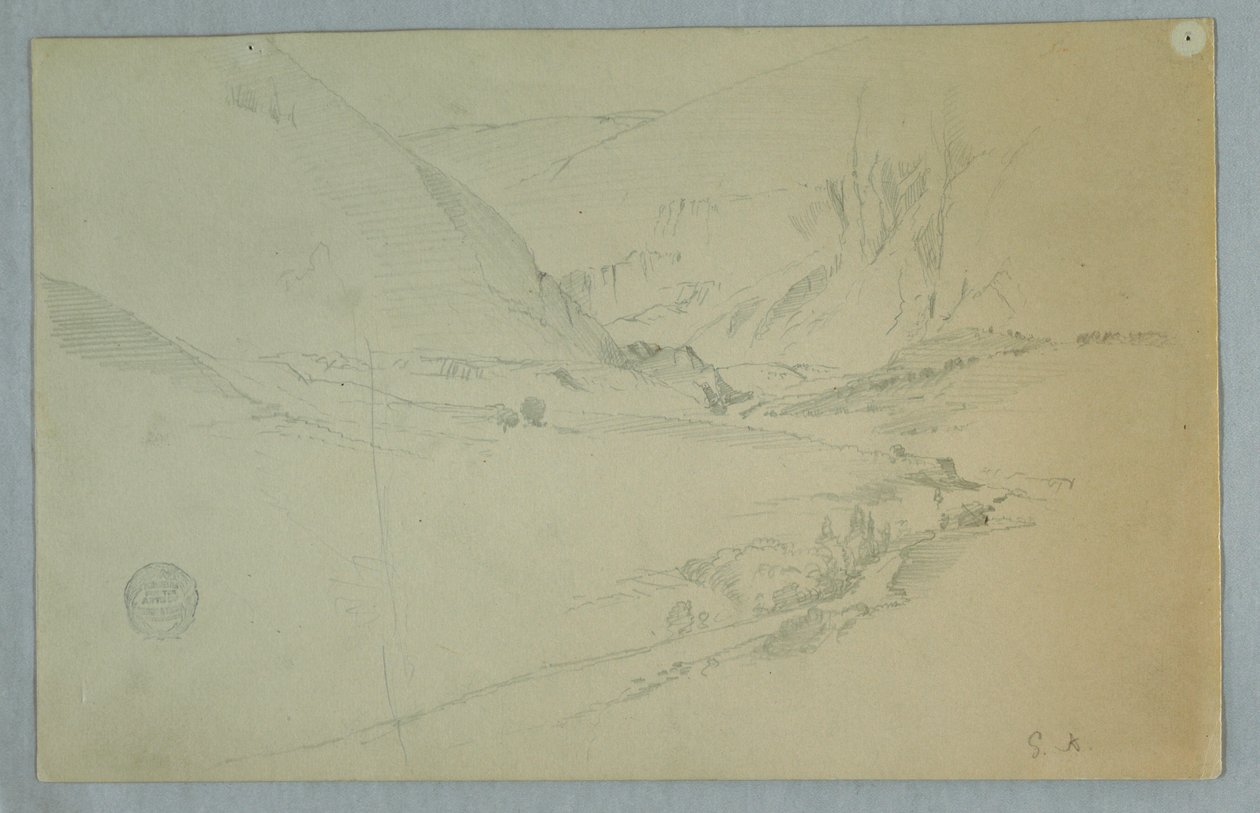 Teckning, Andinsk bergsdal med slingrande bäck, Colombia eller Ecuador, 1857 av Frederic Edwin Church