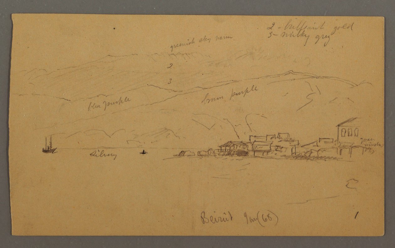 Teckning, vik med hus och berg i bakgrunden, januari 1868 av Frederic Edwin Church