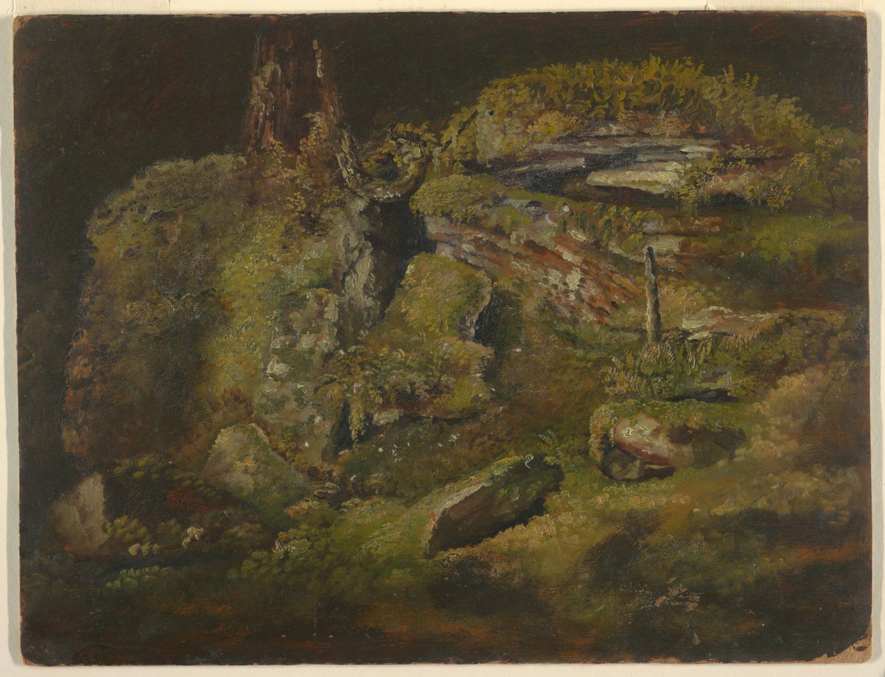 Teckning, stenblock i skogen, ca 1845 av Frederic Edwin Church