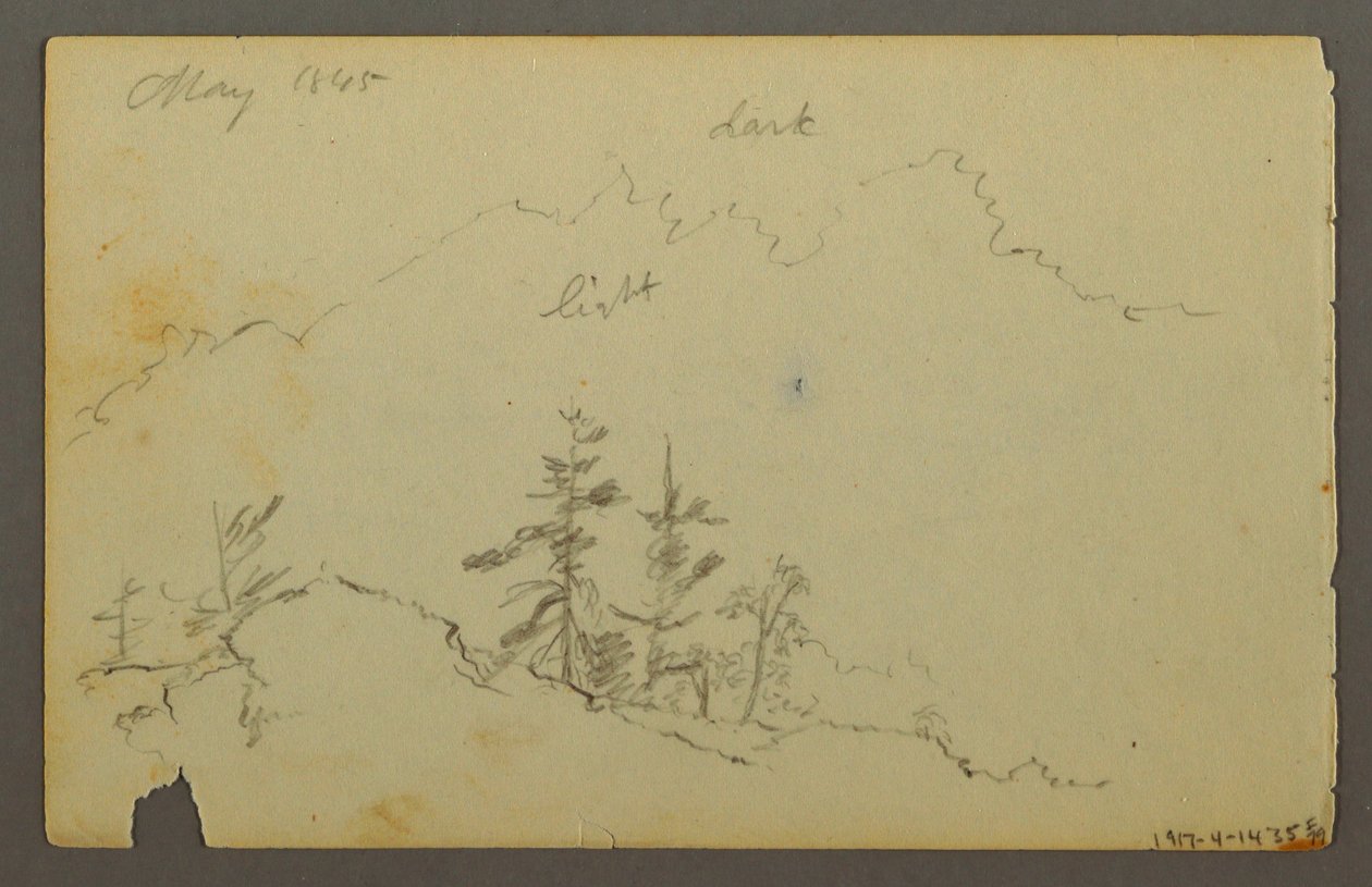 Teckning, brett böljande landskap med moln, 1844 av Frederic Edwin Church