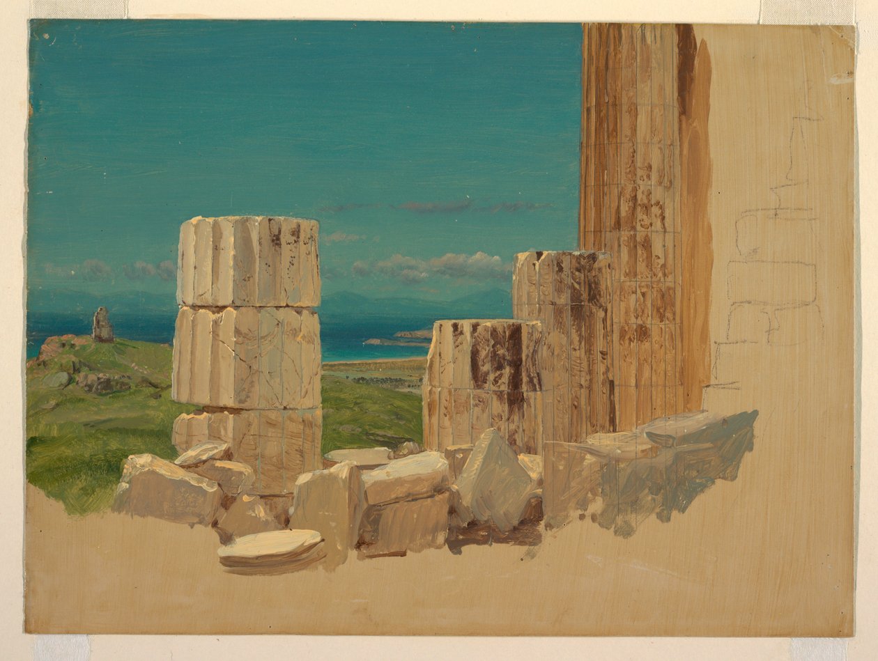 Teckning, Brutna pelare, utsikt från Parthenon, Aten, april 1869 av Frederic Edwin Church