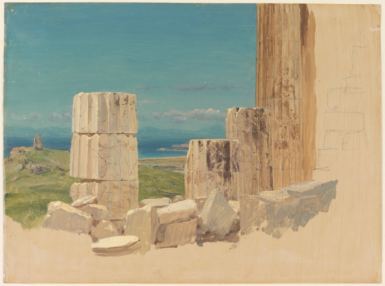 Teckning, Brutna pelare, utsikt från Parthenon, Aten, april 1869 av Frederic Edwin Church