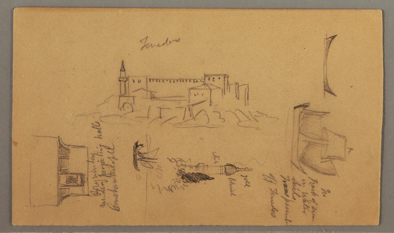 Ritning, Slott, Minaret, Segelbåtar, Hus, maj 1868 av Frederic Edwin Church