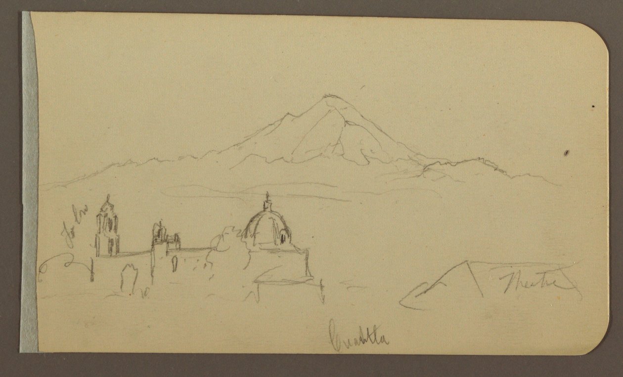 Teckning, katedral, berg, Cuautla; Verso: Hus, kyrka, träd Cuautla, februari 1885 av Frederic Edwin Church
