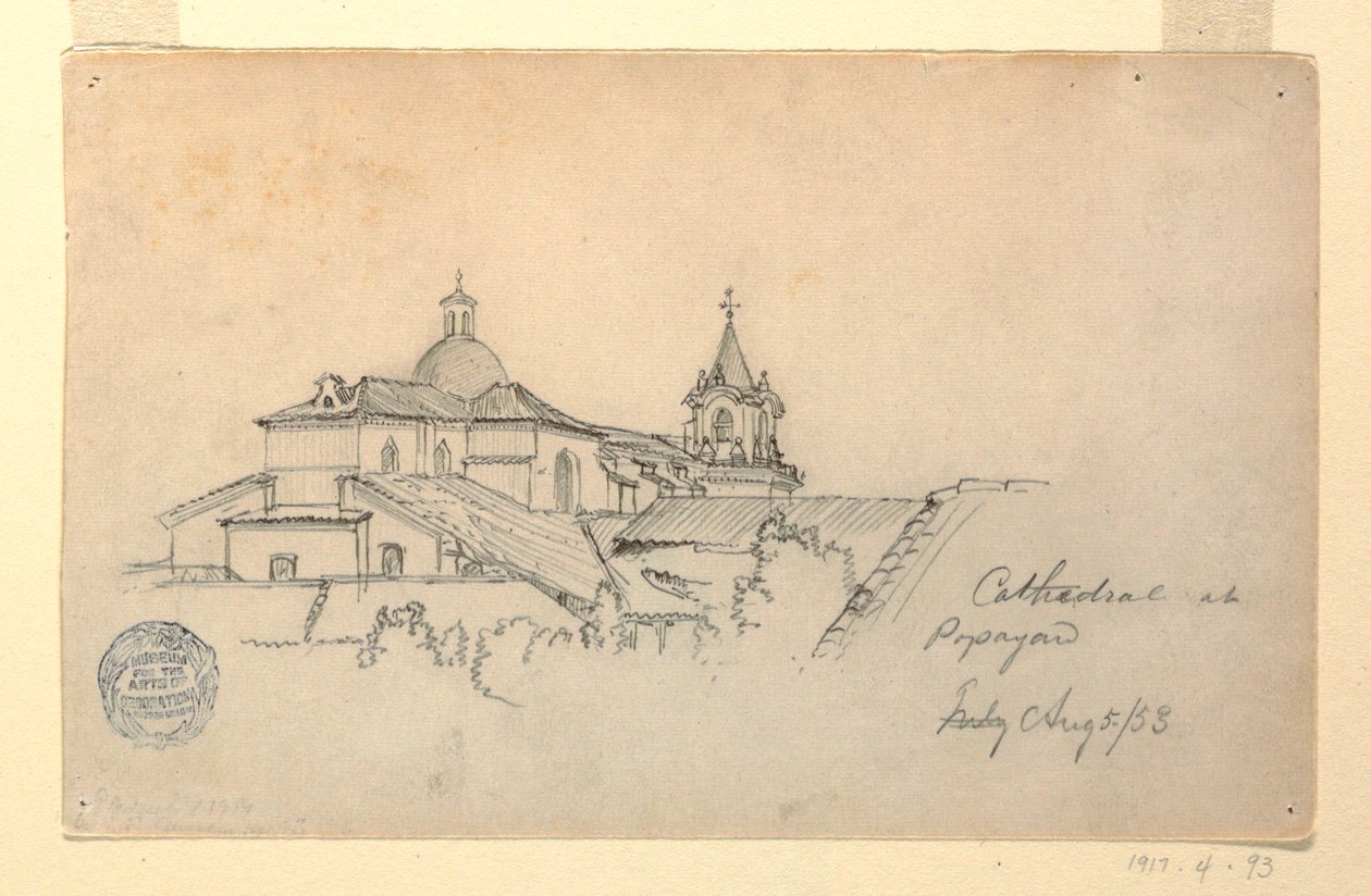 Teckning, katedralen i Popayan, Columbia, 5 augusti 1853 av Frederic Edwin Church