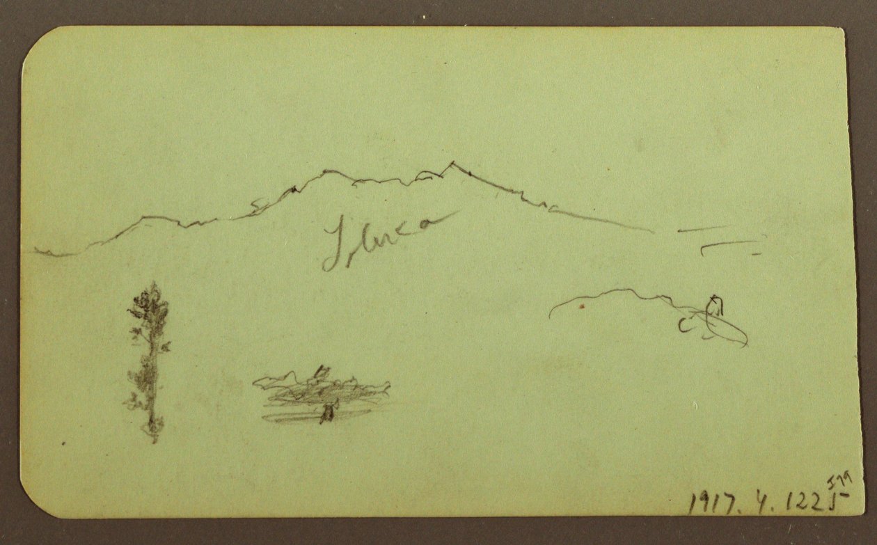 Teckning, kyrka; Averso: Bergslandskap, "Taluca", 1883 av Frederic Edwin Church