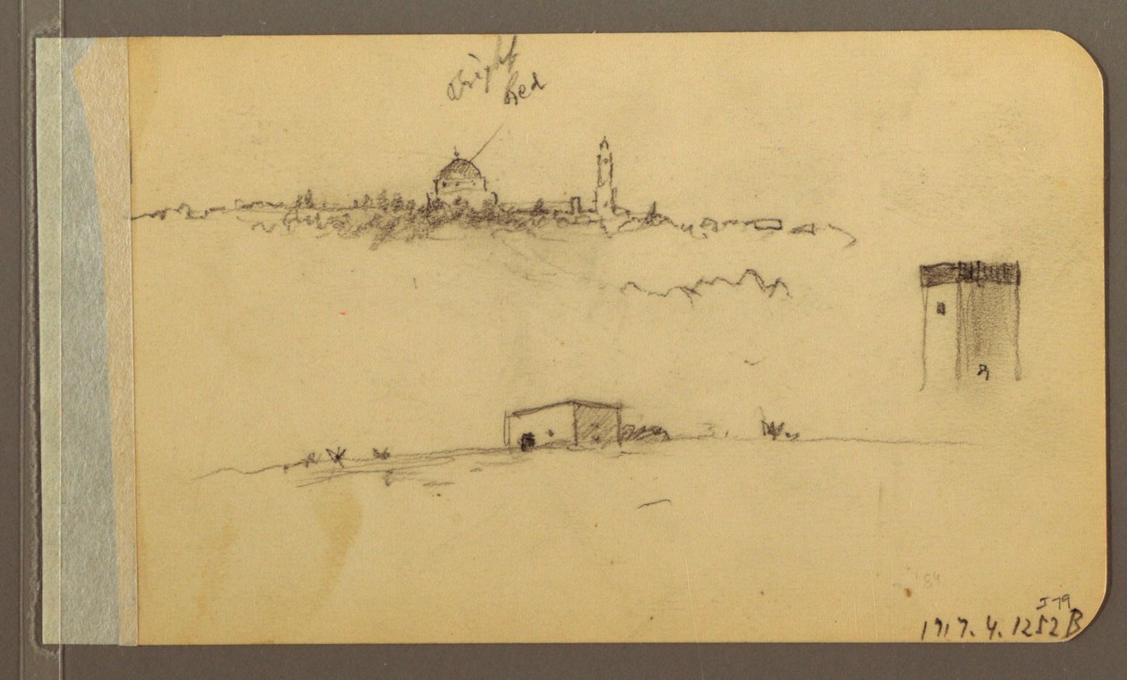 Teckning, Kyrka, torn, hus; Verso: Bergskedja, 1889 av Frederic Edwin Church