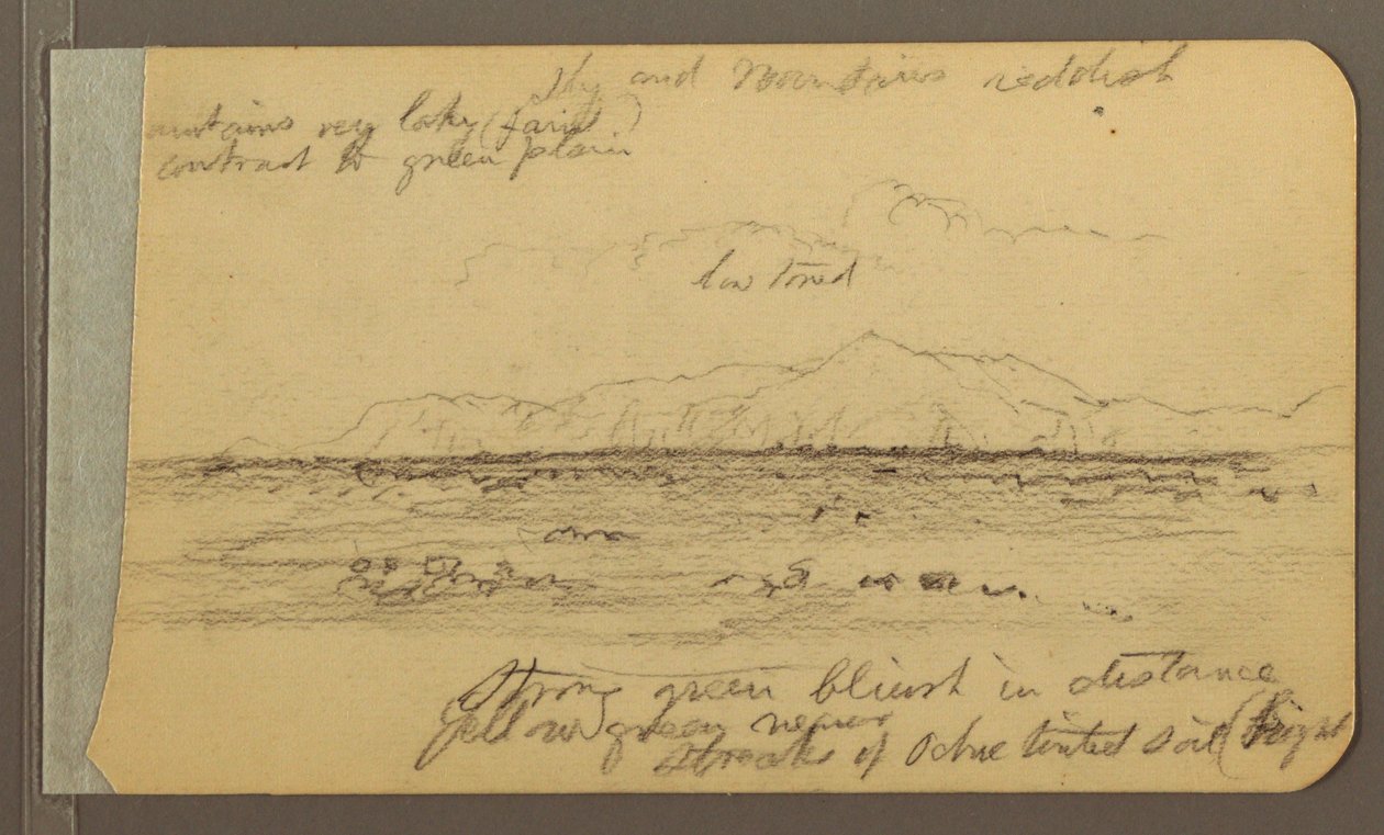 Teckning, Kyrka, torn, hus; Verso: Bergskedja, 1889 av Frederic Edwin Church