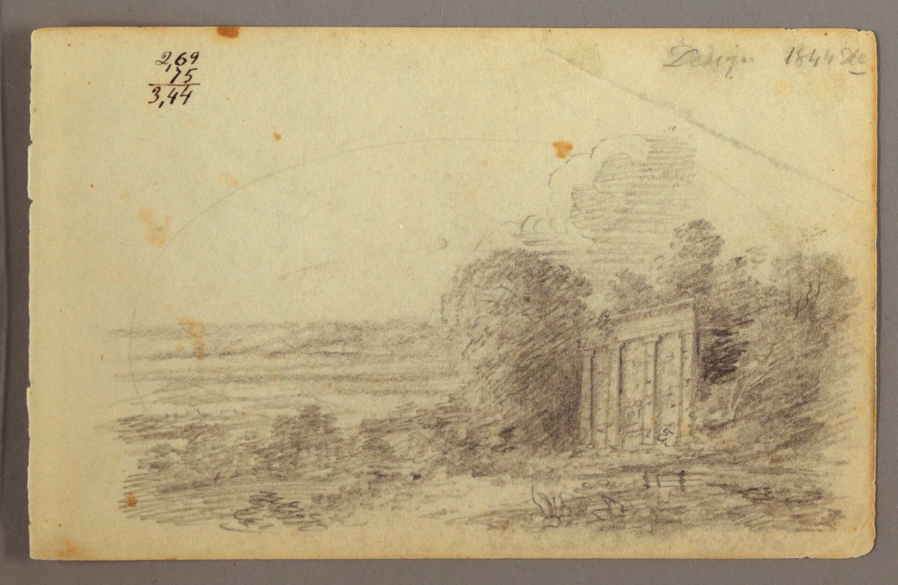Teckning, Klassisk ruin, träd, 1844 av Frederic Edwin Church