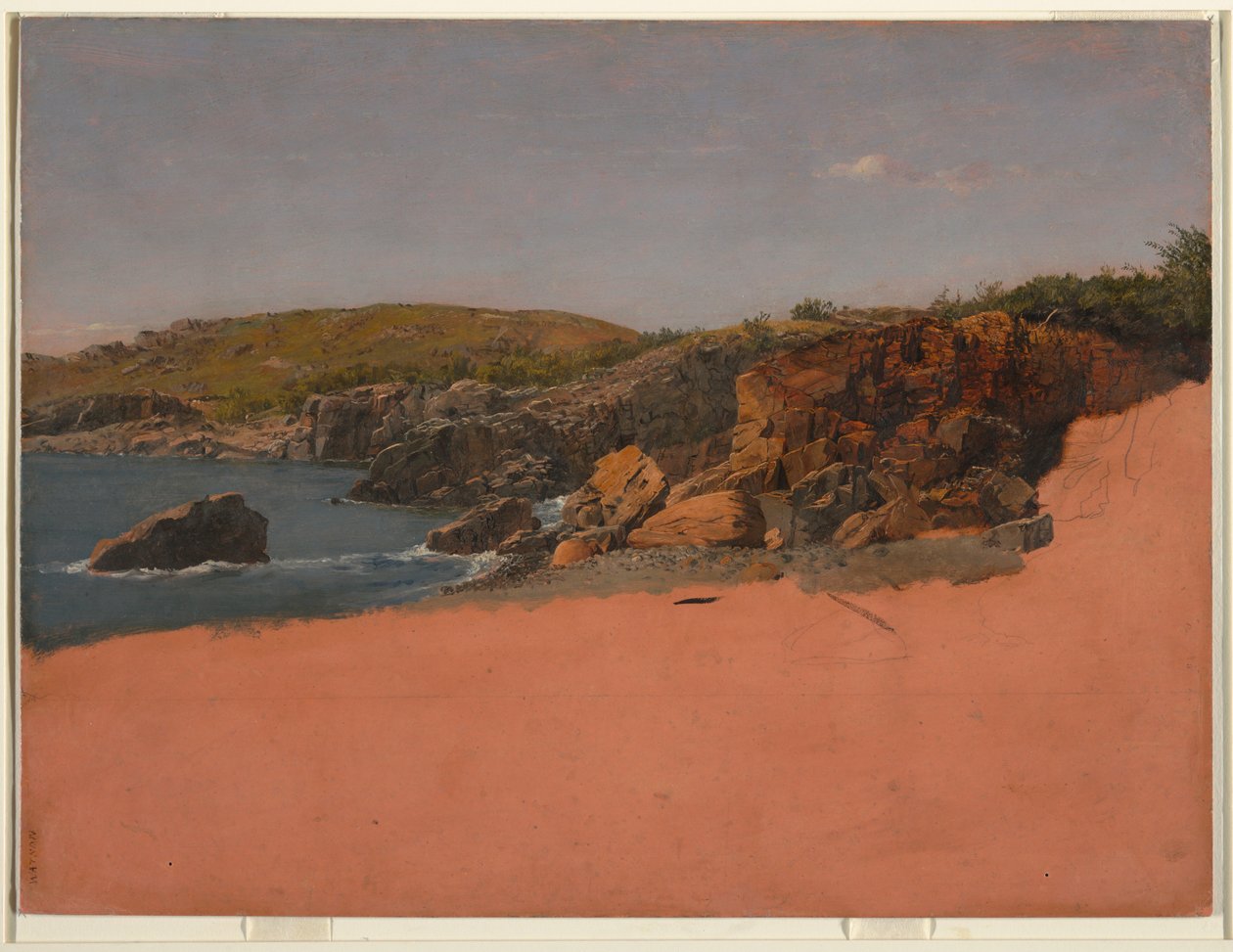 Teckning, Kusten vid Mount Desert Island (Sand Beach), ca 1850 av Frederic Edwin Church