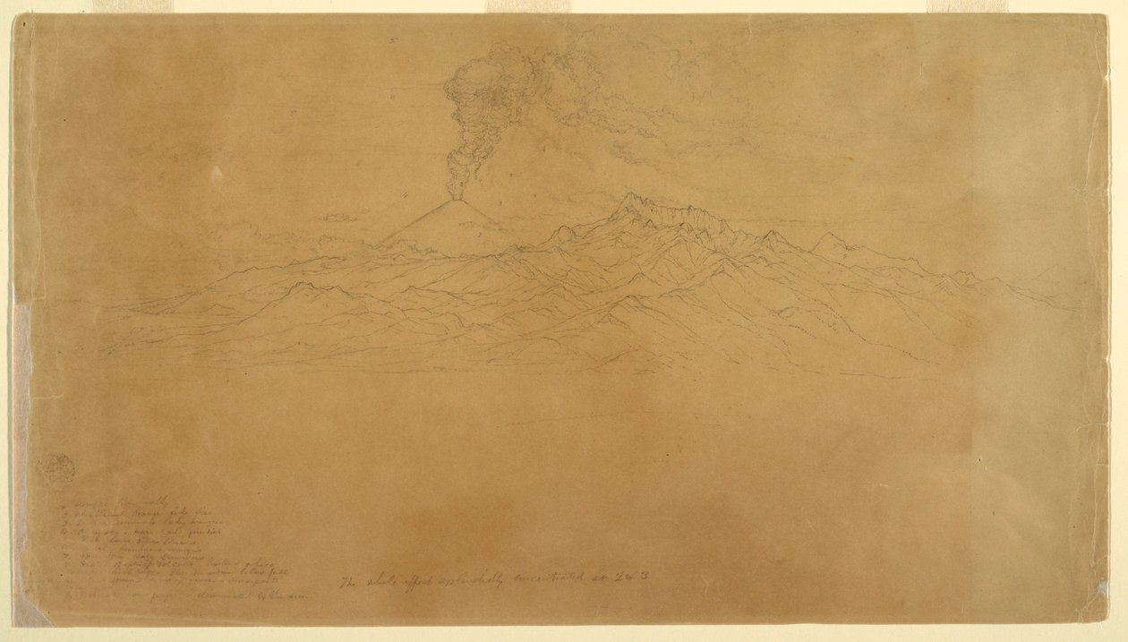 Teckning, Cotapaxi-vulkanen i utbrott bakom bergskedjor, Ecuador, 1857 av Frederic Edwin Church