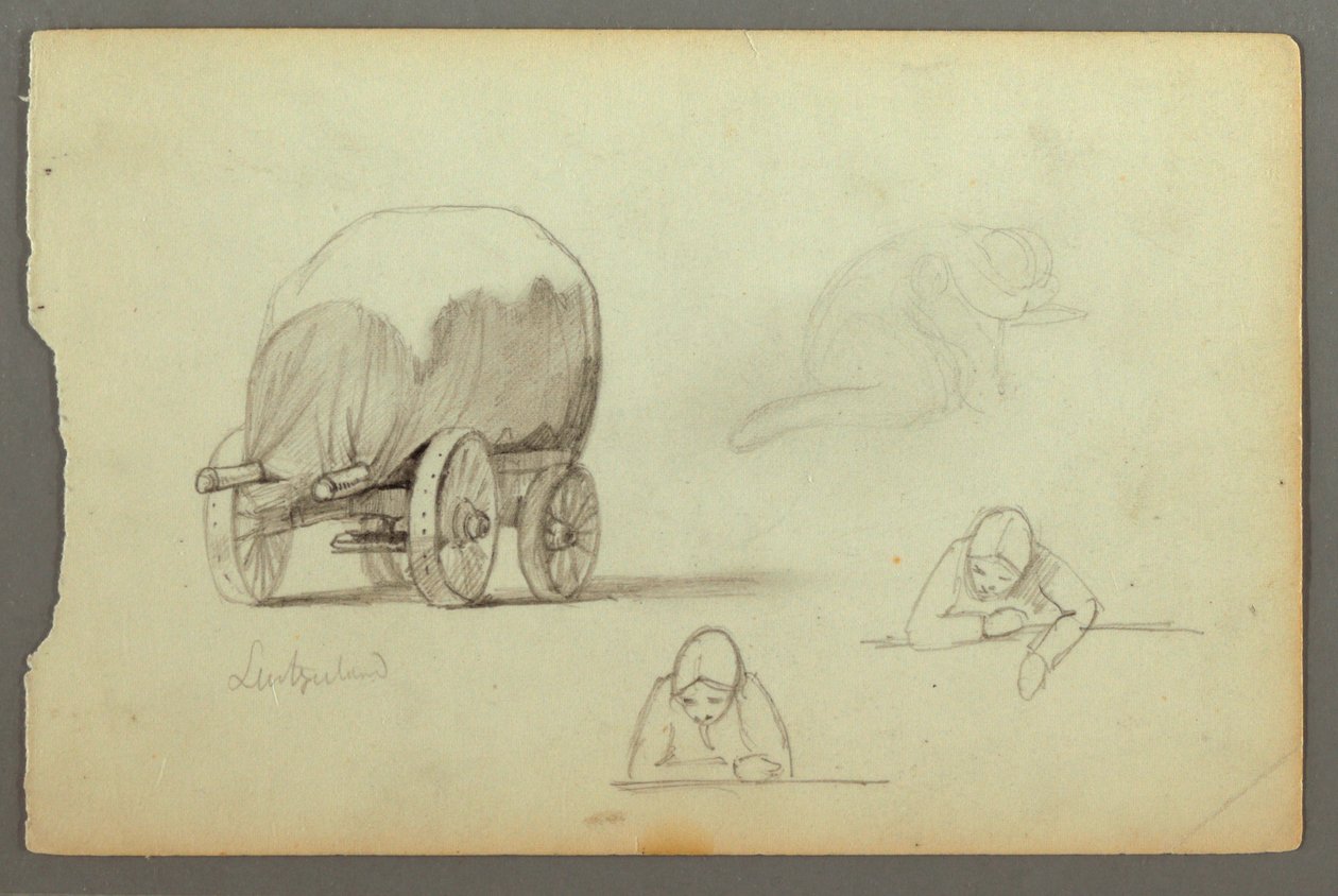Teckning, Täckt vagn, Tre studier av en kvinna, möjligen 1868 av Frederic Edwin Church