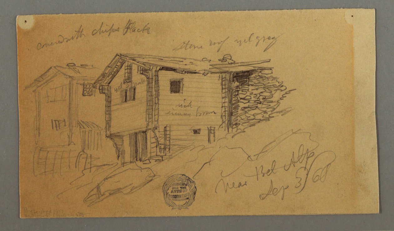 Teckning, detaljer av bergsskjul, hus och en klippa, Berner Alperna, Schweiz, 3 september 1868 av Frederic Edwin Church