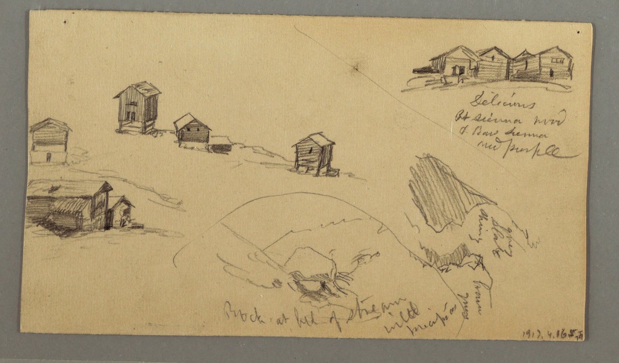Teckning, detaljer av bergsskjul, hus och en klippa, Berner Alperna, Schweiz, 3 september 1868 av Frederic Edwin Church