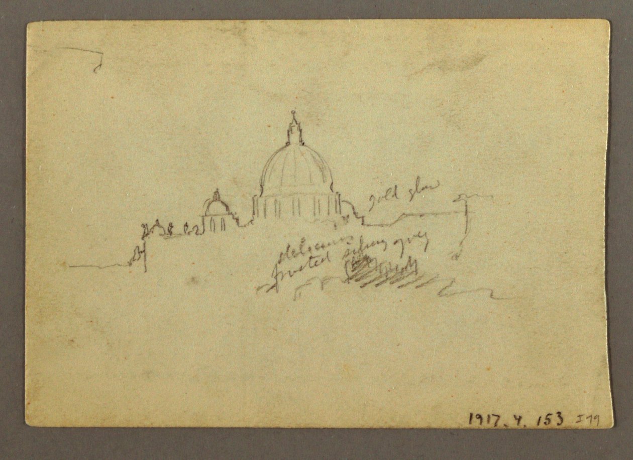Teckning, fjärrvy av Peterskyrkans kupol, Rom, Italien, januari 1869 av Frederic Edwin Church