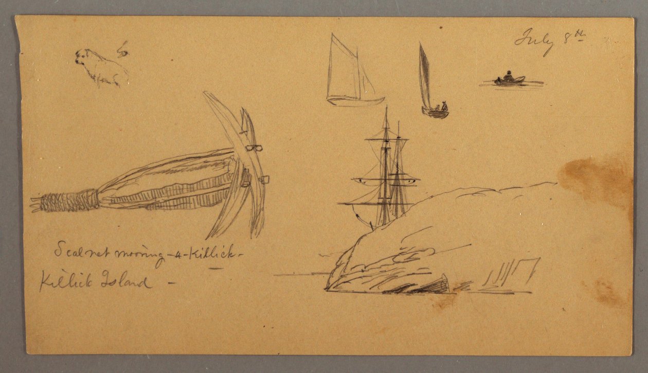 Teckning, Hund, segelbåtsstudier, ankare, klippor, möjligen 8 juli 1859 av Frederic Edwin Church