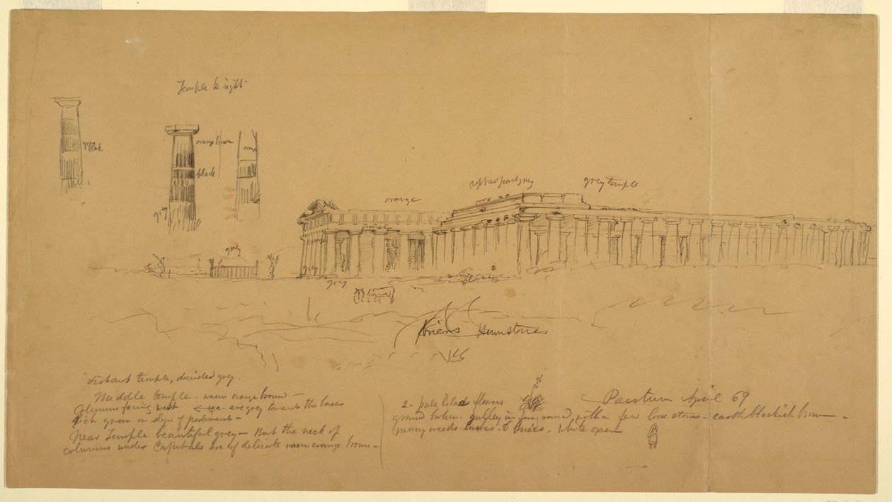 Ritning, Doriska grekiska tempel för Athena (tidigare Ceres), Hera II (tidigare Neptunus) och Hera I (tidigare Basilika), Paestum, Salerno, Italien, april 1869 av Frederic Edwin Church