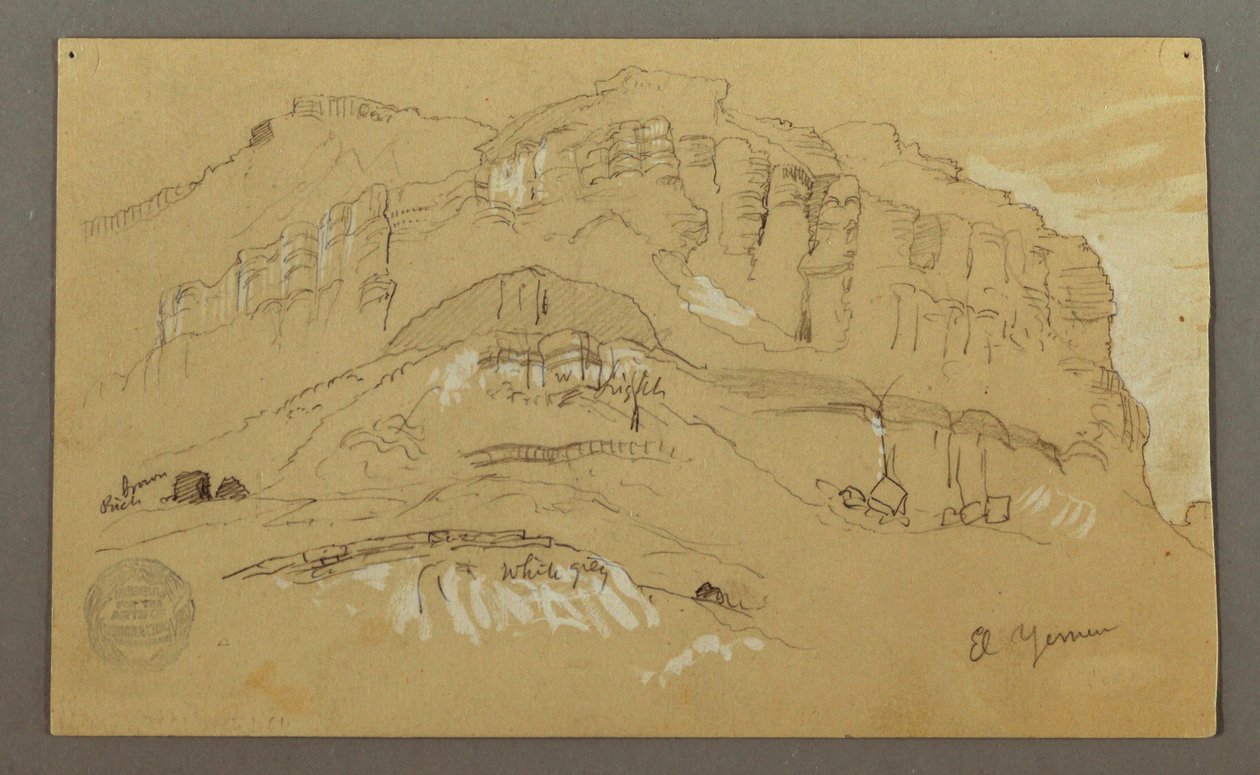 Teckning, El Yemen-dalen, Arabien:  Klippvägg, 20 februari 1868 av Frederic Edwin Church