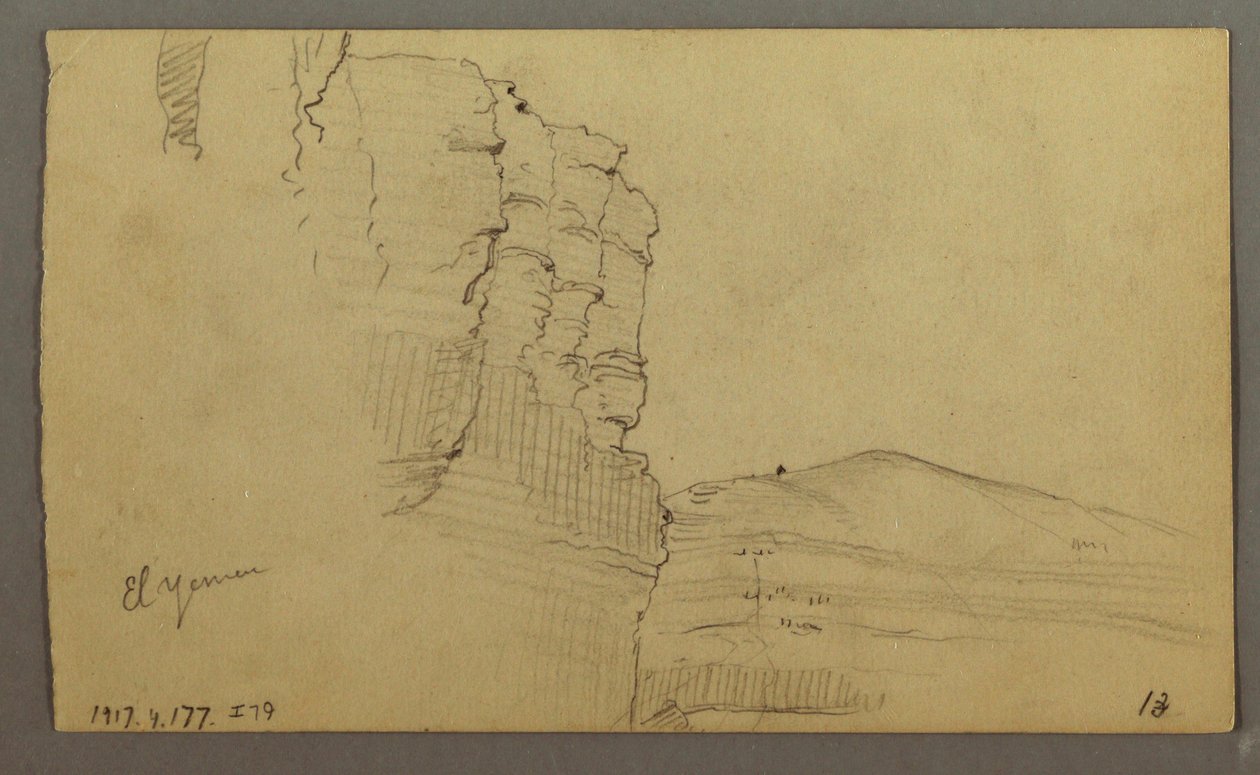 Ritning, El Yemen-dalen, Arabien: Klippvägg med den övre delen som liknar en rad kolonner, 20 februari 1868 av Frederic Edwin Church
