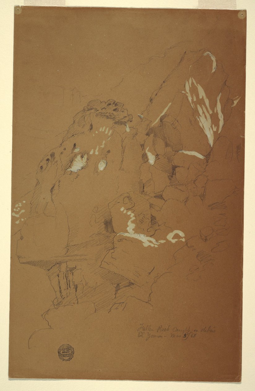 Teckning, Nedfallen sten fångad på bråte, El Yemen, 2 mars 1868 av Frederic Edwin Church