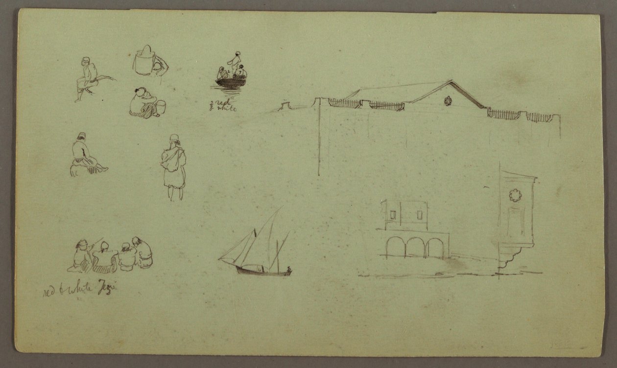Teckning, Figurstudier, Segelbåt, Arkitekturstudier, möjligen 1868 av Frederic Edwin Church