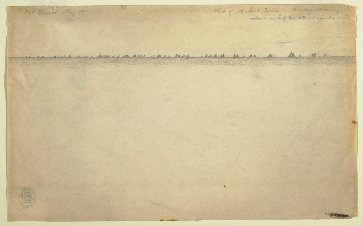 Teckning, Flotta av makrillfiskare, Mount Desert, Maine, 19 augusti 1850 av Frederic Edwin Church
