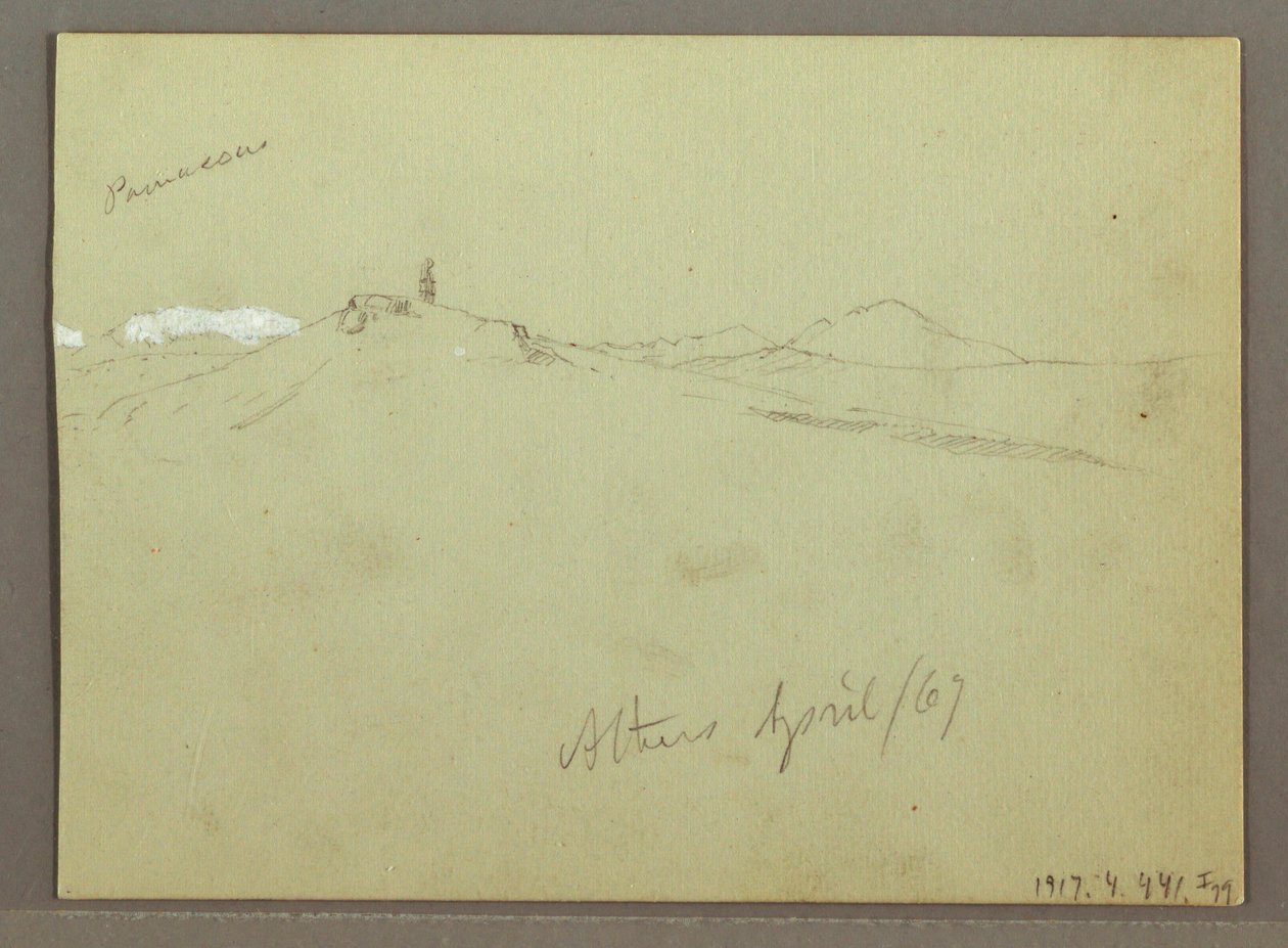 Teckning, Flock med får och herde, snötäckta bergskedjor, april 1869 av Frederic Edwin Church