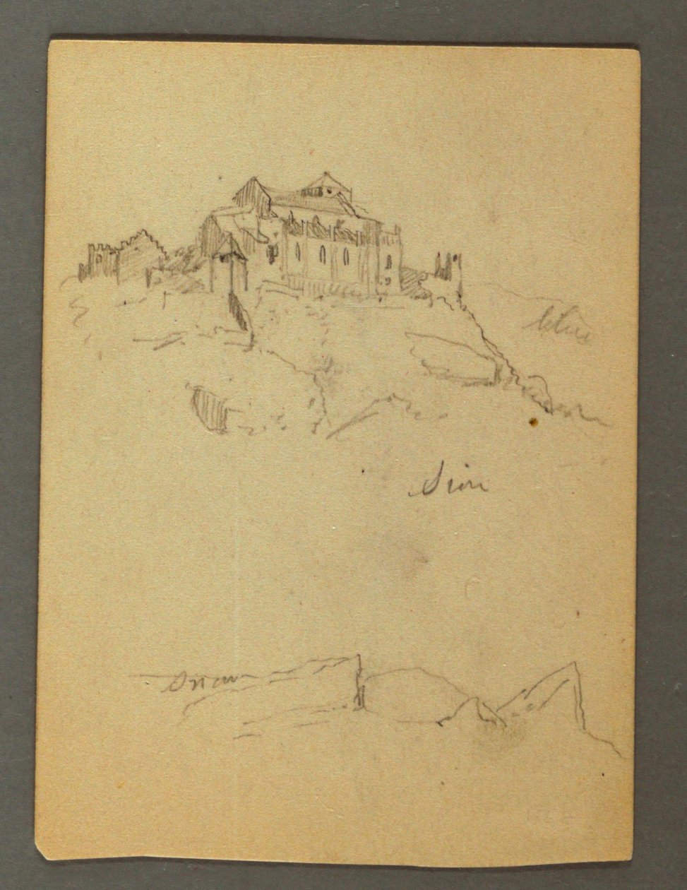 Ritning, befästning av klipptoppar, Sion, Rhônedalen, möjligen 1868 av Frederic Edwin Church